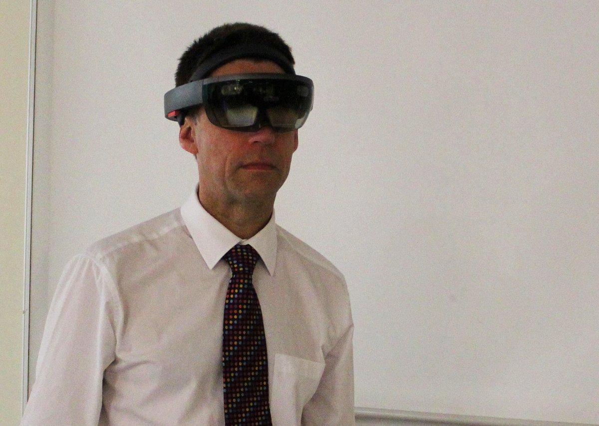 UofGSecretary's tweet photo. These Hololens goggles are all the rage - essential for seeing the future #uofgfuture https://t.co/NB1nqdk41U