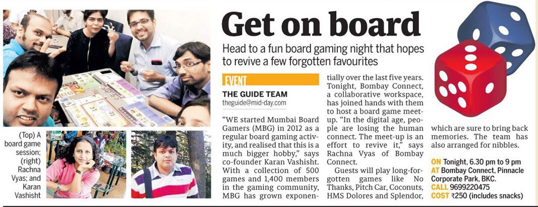 Thank you MiD DAY for featuring us! 

Bombay Connect is happy to be connect with Mumbai Board Gamers!
#Startup#MidDay #Games