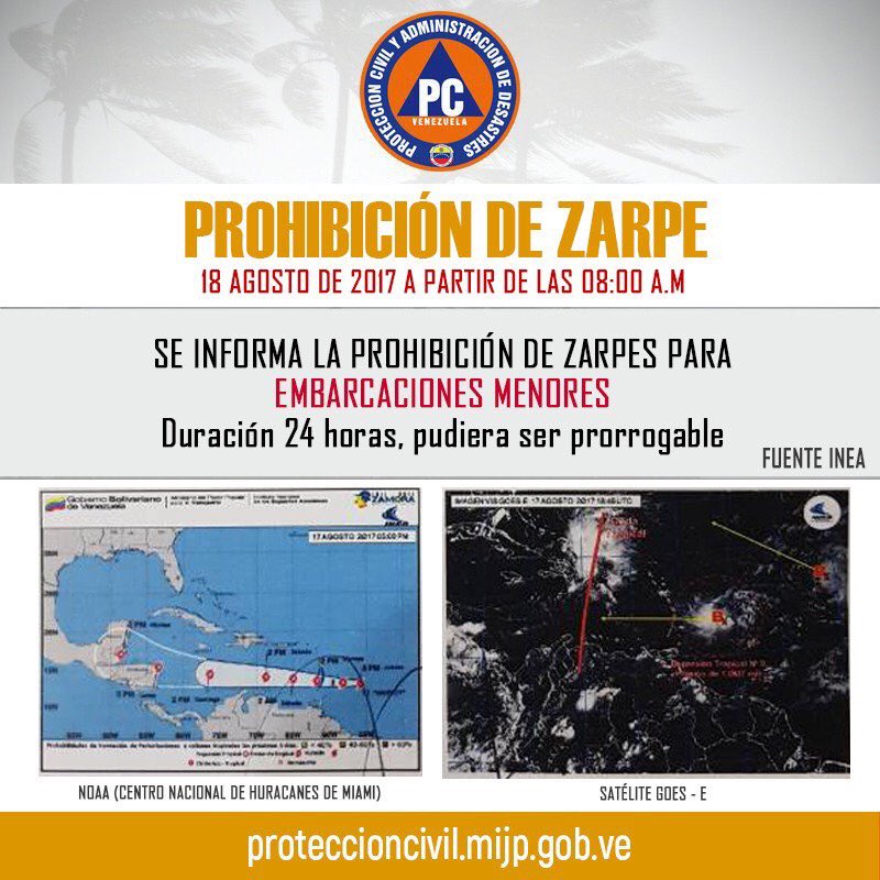 TNavarro08's tweet photo. 📢IMPORTANTE: Prohibido zarpe desde Nueva Esparta para embarcaciones menores este viernes 18 de agosto a las 8:00 am por tormenta Harvey https://t.co/PwaIhD3rNJ