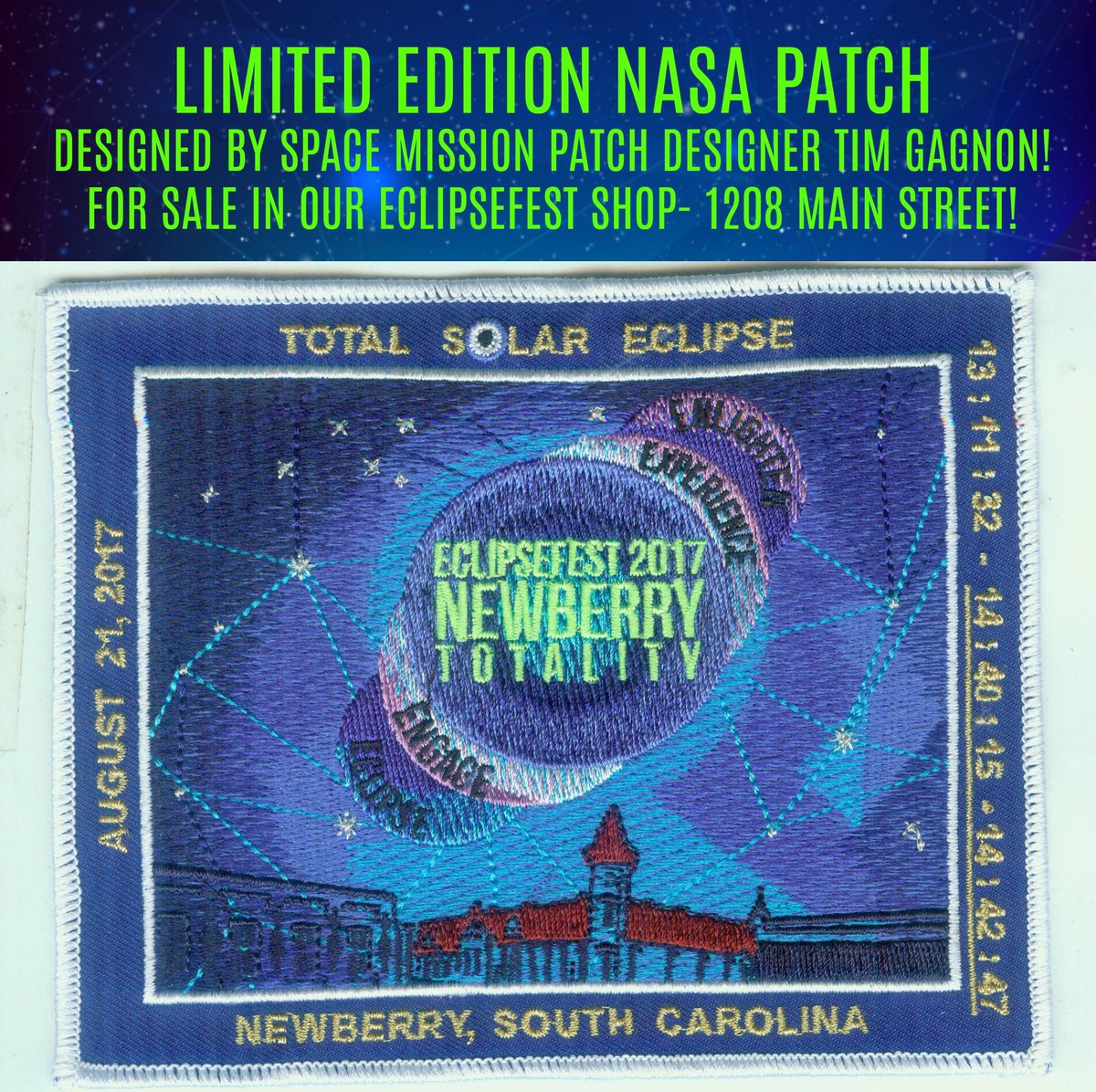 NBeclipsefest's tweet photo. Only the Newberry EclipseFest LIMITED EDITION Newberry EclipseFest NASA Patch Designed by space mission patch designer Tim Gagnon! https://t.co/cWLw8h2wPr