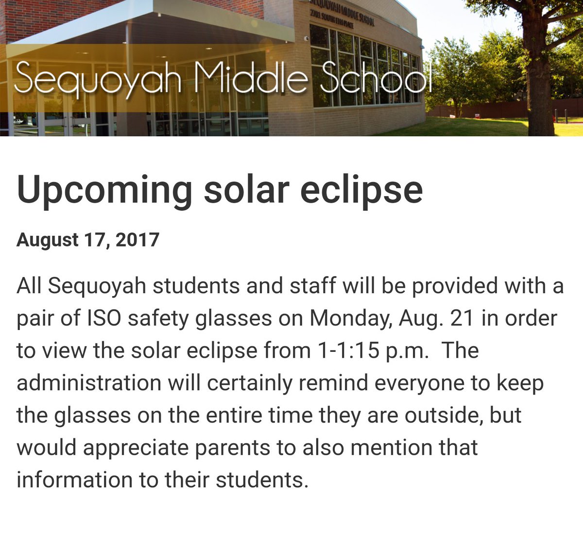 Reminder Parents that your student(s) will be observing the solar eclipse on Monday at school.