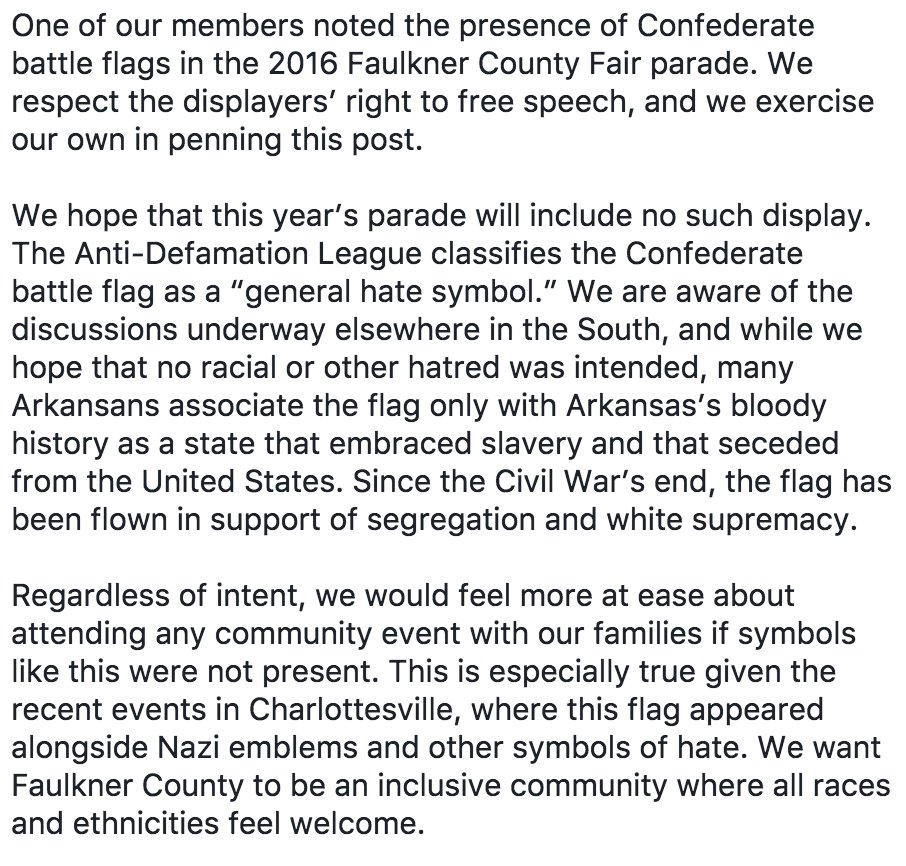 fc_csj's tweet photo. Here is our official statement regarding the Confederate flag in Faulkner County #FCCSJ #NoHateInOurState https://t.co/7ib4sWj2ax