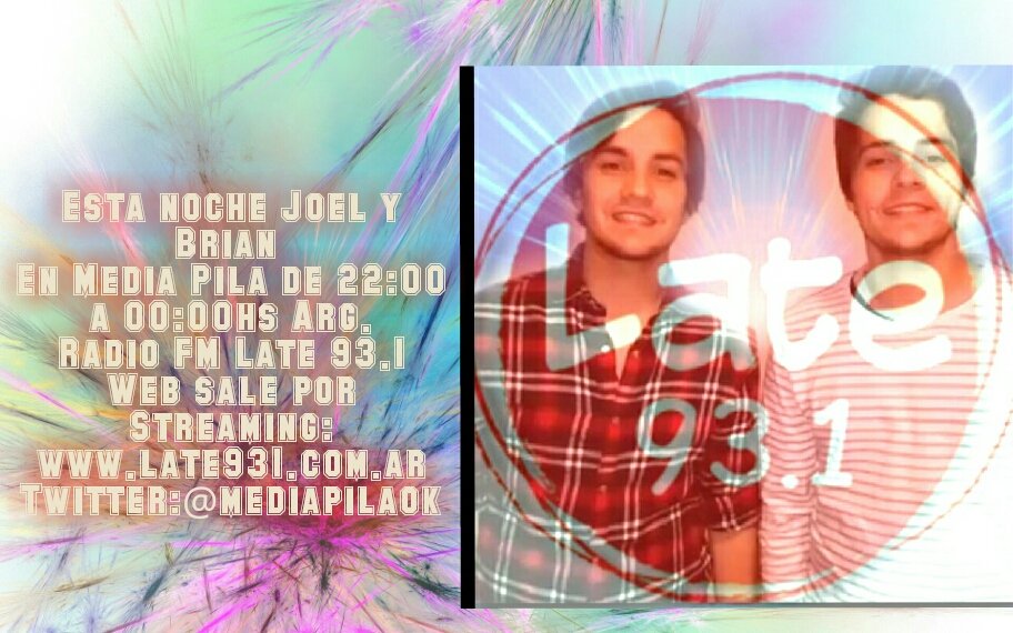fco_eterno's tweet photo. Hoy en @Media_pilaok invitados especiales! @JoelyBrian no te lo puedes perder 😉 @PromoJuntos https://t.co/tAO1kPhdYI