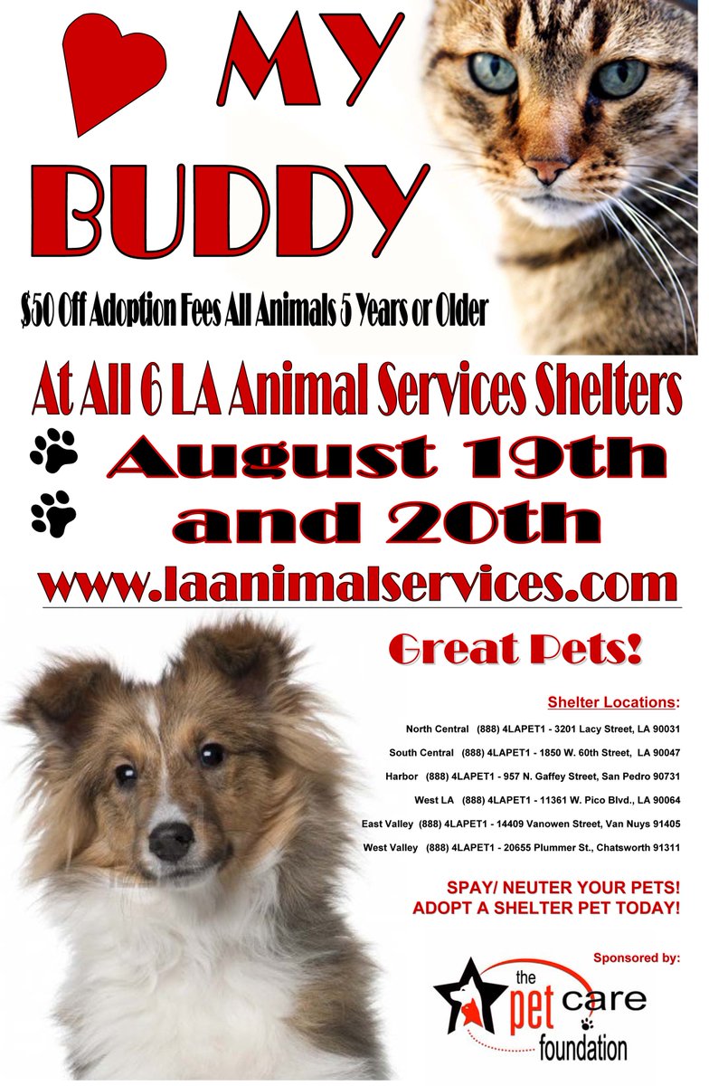 LACityPets's tweet photo. Adoption fees are $50 OFF for dogs &amp; cats 5 years and older at LA City Shelters on Sun, 8/20, 11am-5pm. Sponsored by @PetCareFndation. https://t.co/WfVy1Xj1c0