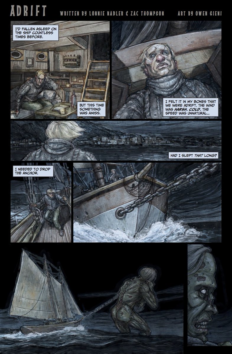 ZacBeThompson's tweet photo. This is ADRIFT. A short one-page comic I did with @Lon_Monster and @owengieni back in 2016. We went for weird horror magic realism. https://t.co/xHUP9qZy3N