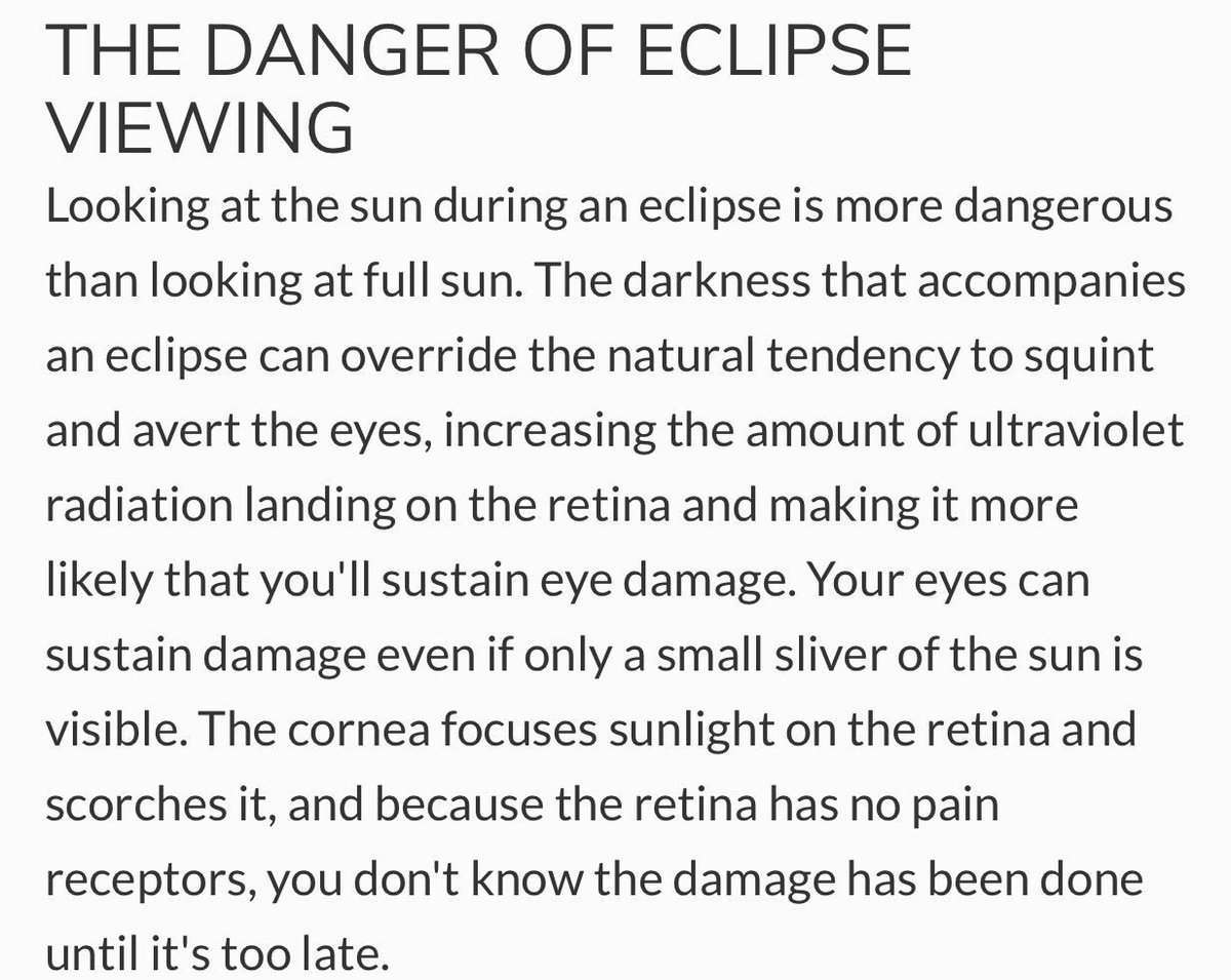 itsktbsis's tweet photo. Hi ppl the solar eclipse on Monday could actually blind u bc ur retina doesn't have pain receptors &amp; can't lyk when it's being frkn scorched https://t.co/CNjJrUHq3p