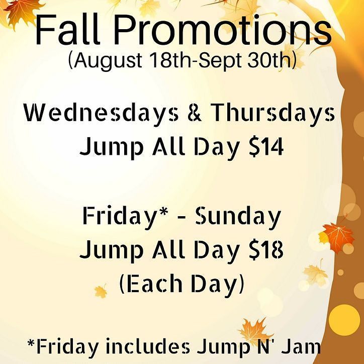 jumpamerica's tweet photo. Our Fall Promotions are now valid! Come get a Jump on Fun this fall. We can't wait to see you here! #jumpamerica #… https://t.co/YNyy6TXDrw https://t.co/TfTm9KNGur