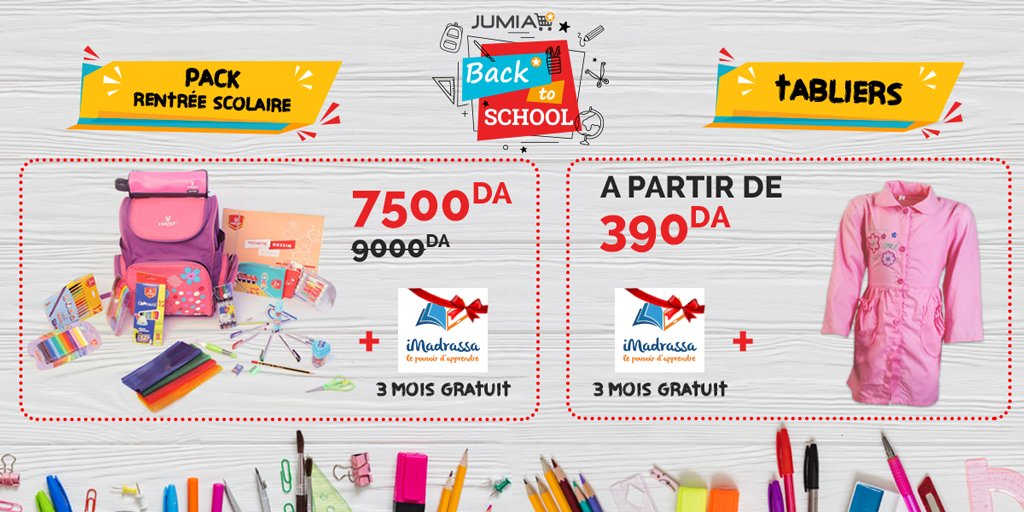 JUMIA offre 3 mois gratuit d'abonnement à iMadrassa pour l'achat d'un pack rentrée scolaire ! <a href="/JumiaAlgerie/">Jumia Algérie</a> bit.ly/2wmCXaE