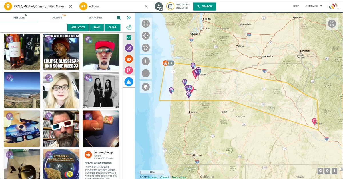 echosec_search's tweet image. A million destined for the #OregonEclipse this wknd. Where to camp? What about brunch? Beaches? 1 geofence, many keywords. #Echosec