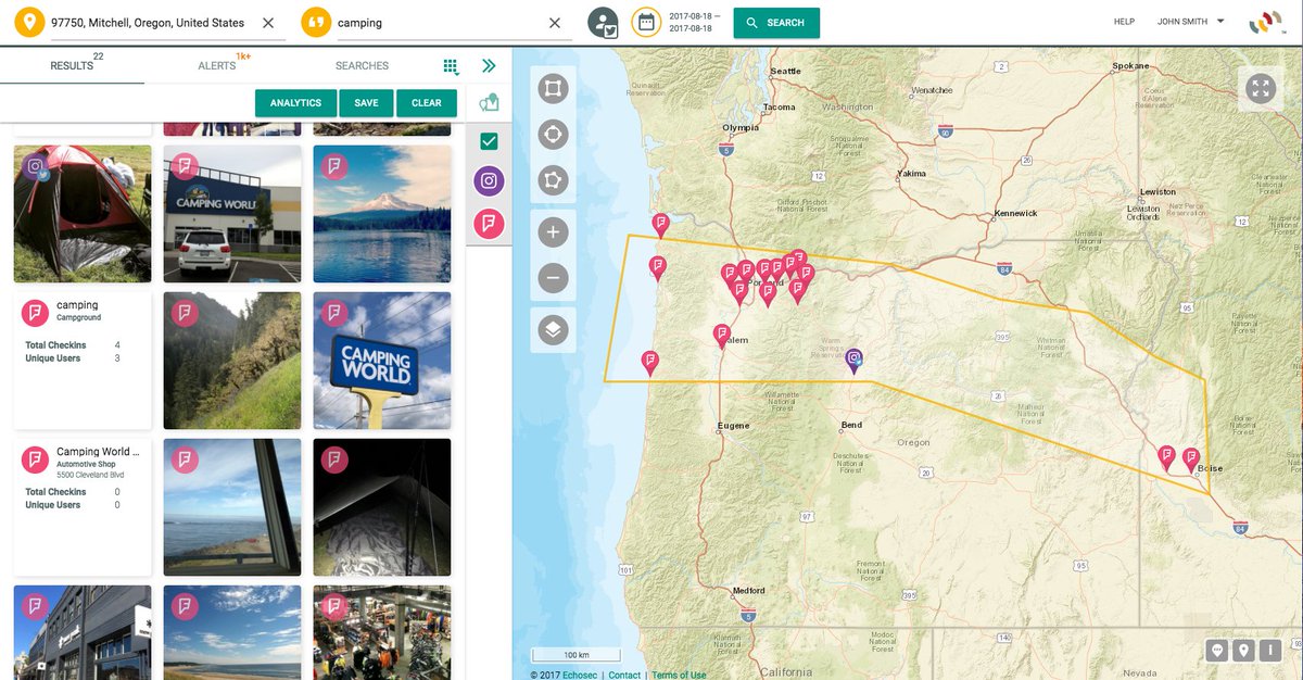 echosec_search's tweet image. A million destined for the #OregonEclipse this wknd. Where to camp? What about brunch? Beaches? 1 geofence, many keywords. #Echosec