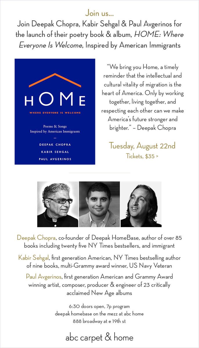 Felicia Rangel (@feferang) on Twitter photo Join the "Home" celebration w/ <a href="/DeepakChopra/">Deepak Chopra</a> <a href="/HiKabir/">kabir sehgal</a> <a href="/PAULAVGERINOS/">PAUL AVGERINOS</a> on Tues. 8/22 <a href="/abchome/">abc carpet and home</a> RSVP here: bit.ly/2wfdctx #hOMewelcome Join the "Home" celebration w/ <a href="/DeepakChopra/">Deepak Chopra</a> <a href="/HiKabir/">kabir sehgal</a> <a href="/PAULAVGERINOS/">PAUL AVGERINOS</a> on Tues. 8/22 <a href="/abchome/">abc carpet and home</a> RSVP here: bit.ly/2wfdctx #hOMewelcome