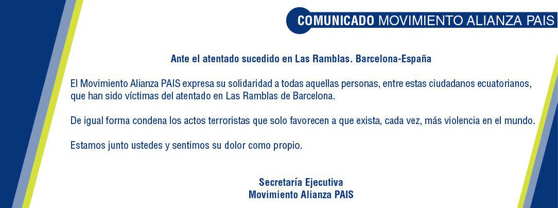35MOVER's tweet photo. COMUNICADO: El Movimiento Alianza @35PAIS ante el atentado sucedido en Las Ramblas - Barcelona. @GabrielaEsPais https://t.co/gk0rSnjTo9