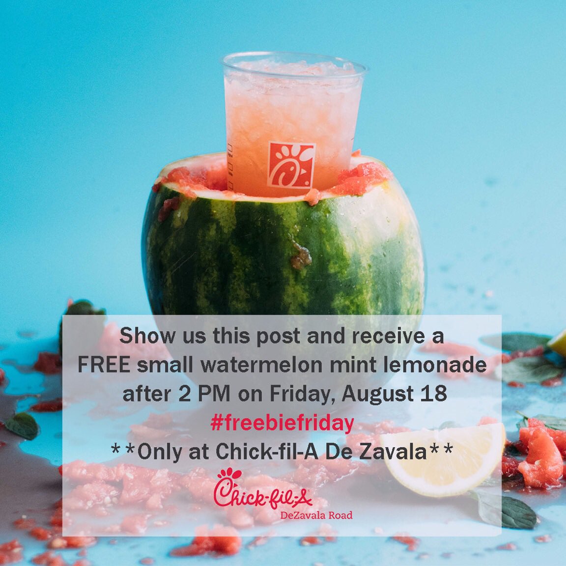 CFAdezavala's tweet photo. It's that time of the week! #freebieFriday 🙌🏼 Come see us after 2 PM for a free watermelon mint lemonade! 🍉☀️🍋 https://t.co/8tpNfmcOyM
