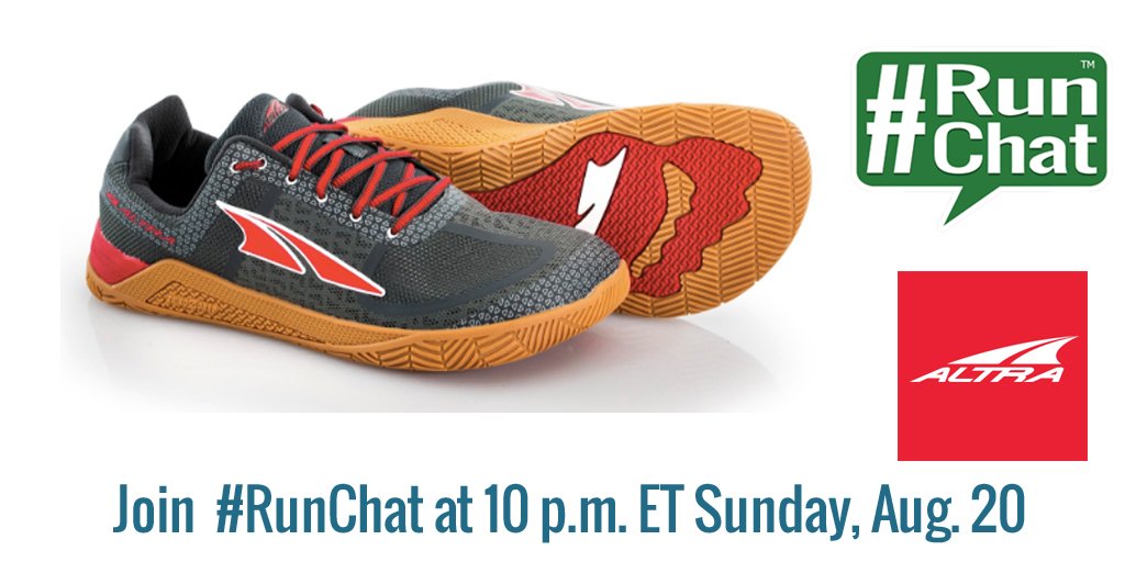 . <a href="/AltraRunning/">Altra Running</a> is joining us for #RunChat at 10 p.m. ET Sunday. Retweet and you would win their #HIITXT --> bit.ly/Aug20RunChat
