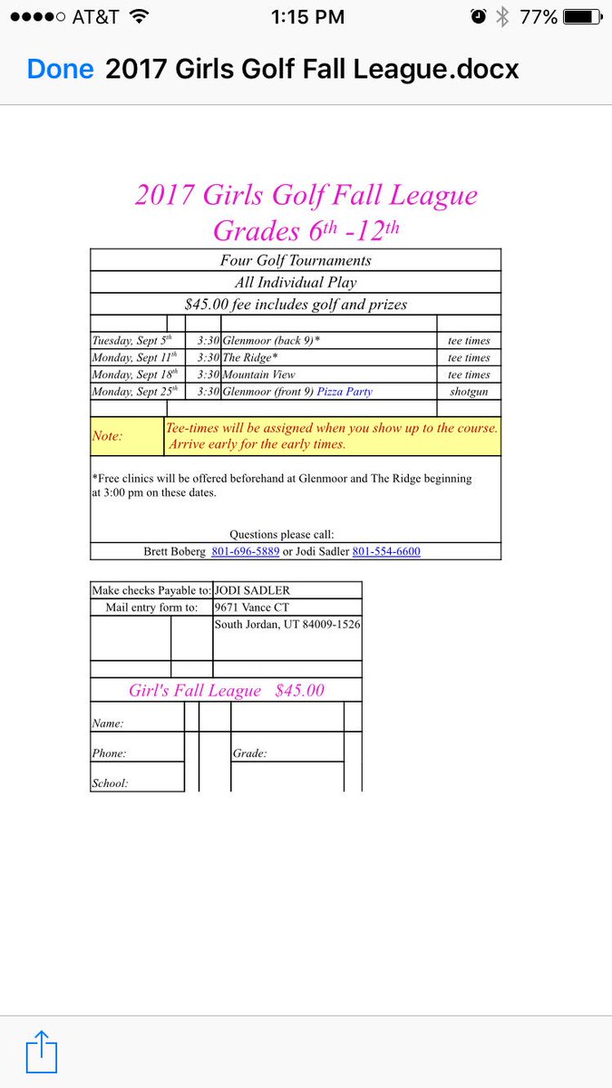 Any girls interested in playing golf this fall come out to the camp. Grades 6-12