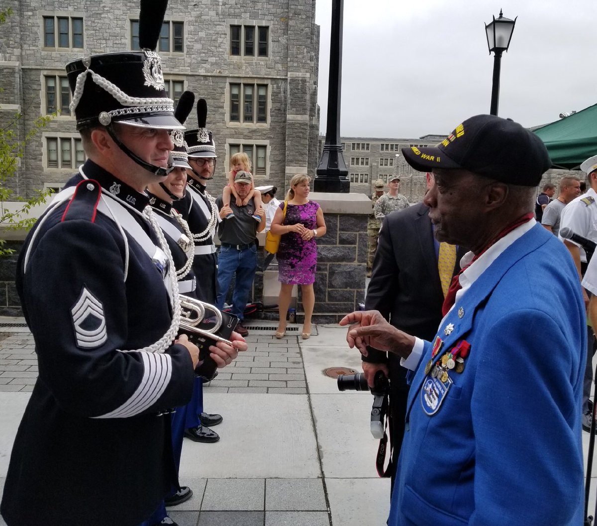 WestPointBand's tweet photo. #Inspiration! A chance to speak with original Tuskegee Airman, Lt. Col. Enoch "Woody" Woodhouse at today's #DavisBarracks Dedication! https://t.co/5bMfXl04fk