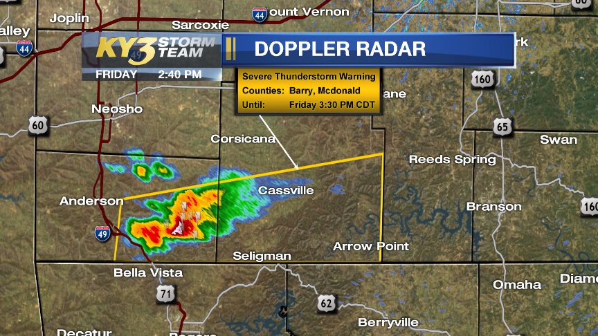 RonHearstKY3's tweet photo. Sever #thunderstorms warning in effect until 3:30 for threat of 60 mph #wind &amp; quarter size #hail. #MOwx https://t.co/VEsu7bcBZ3