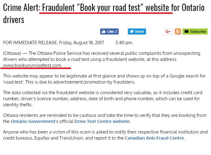 .@OttawaPolice warn of fraudulent website to book road tests. #ottnews #fraud #fraudalert https://t.co/CufSqG45TU