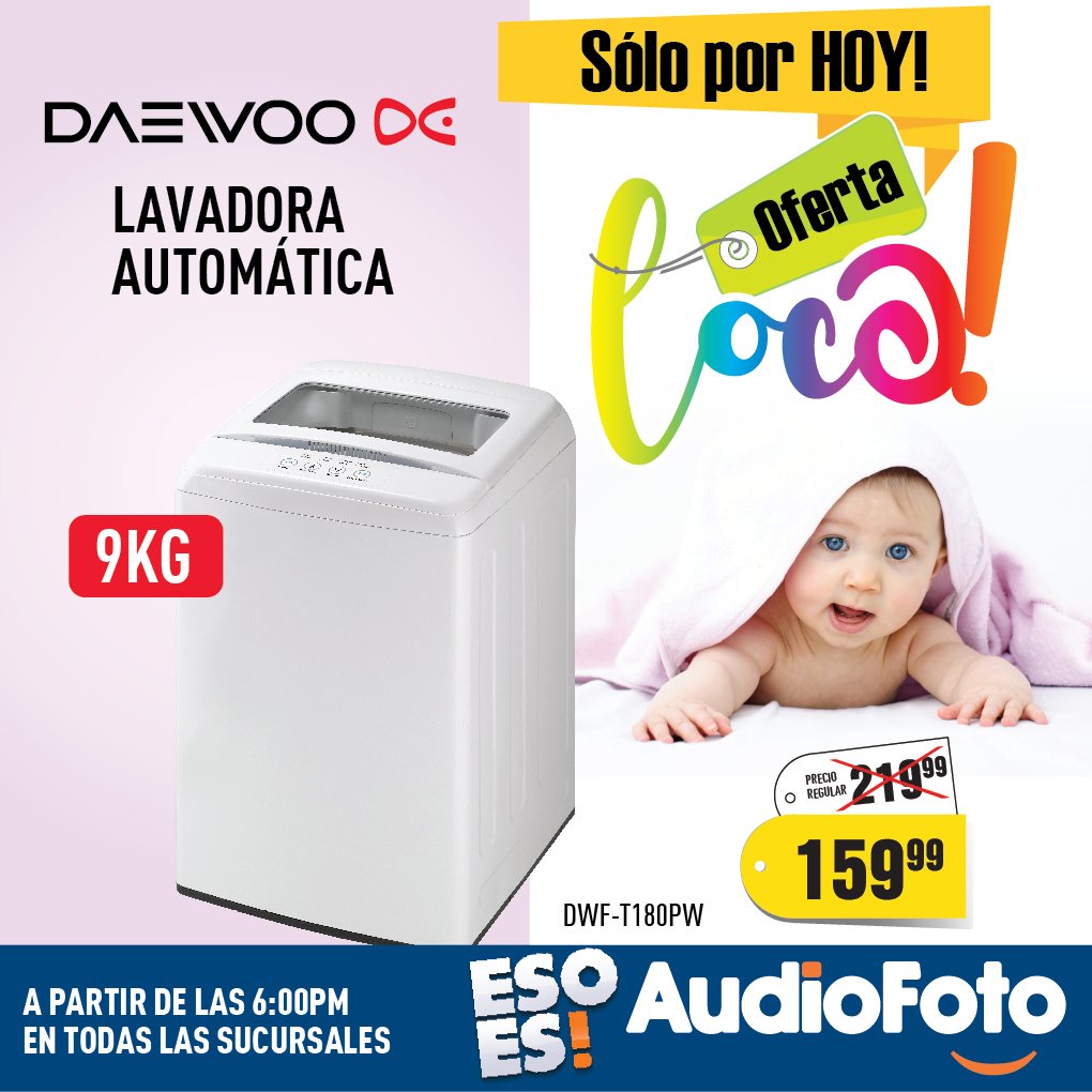 AudioFotoPa's tweet photo. Llegó la última oferta Loca de la Semana Lavadora Automática de 9 Kilos marca #Daewo a solo 159.99. @EddyVasquezWao https://t.co/zliUr7QRQE