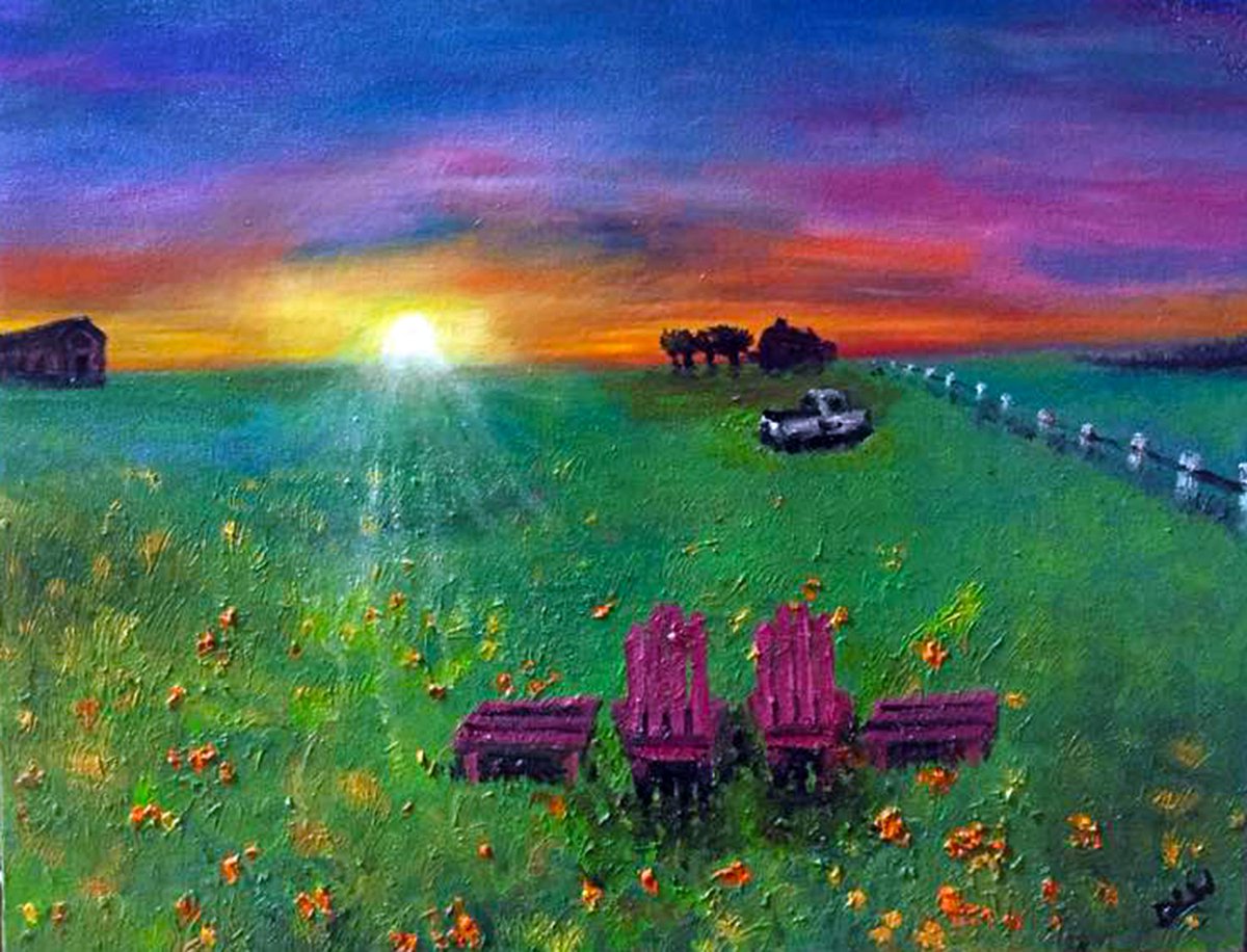 Dwolfdesigns's tweet photo. #artforsale #dwolfdesigns #deblwolf #oiloncanvas #wallart #wallspace #landscape #farmfield #adirondackchairs #sunset #fineart https://t.co/raG9OlMKwx