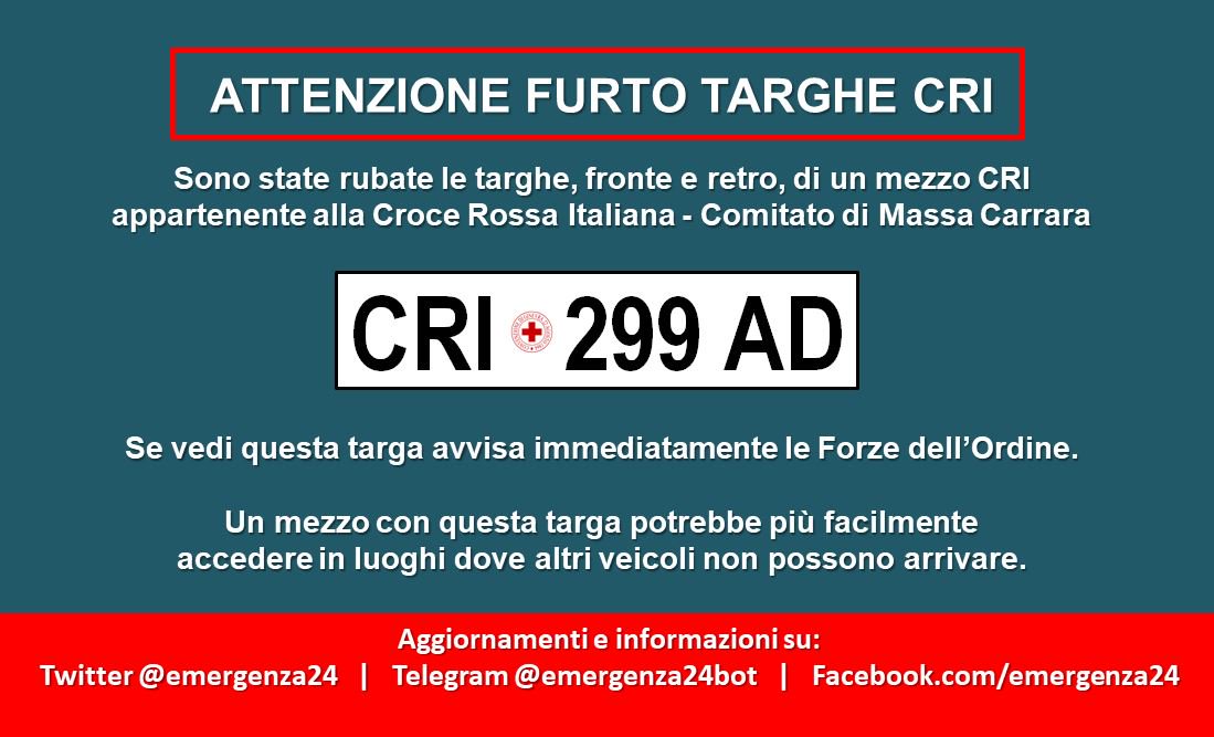 Emergenza24Pro's tweet photo. PLEASE RT [18.08-22:30] Rubate targhe Croce Rossa Italiana – Se vedi la targa CRI 299 AD segnalalo alle Forze dell’Ordine https://t.co/74iIUBWZWp