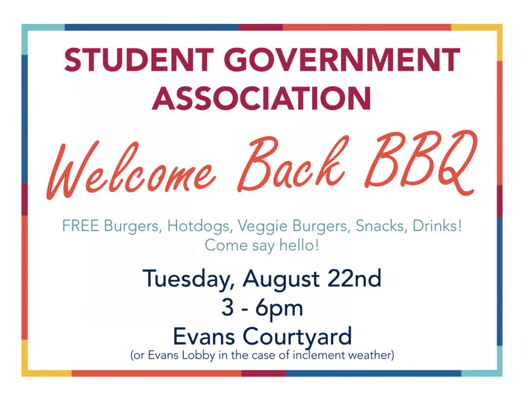 PCOM_SGA's tweet photo. TGIF!! This coming Tuesday, August 22nd, from 3-6pm, SGA is holding a Welcome Back BBQ.
Come join us for FREE food in the Evans Courtyard🍔🌭🍗 https://t.co/9UHMqx7GjQ