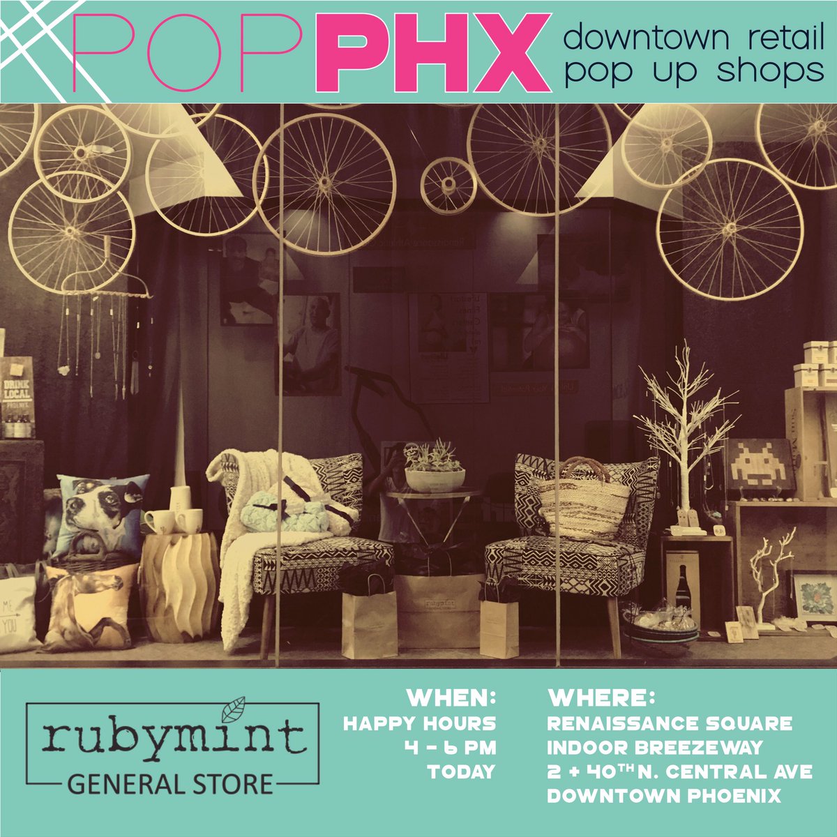 .<a href="/rmgeneral/">Rubymintgeneral</a> is popping up for happy hour today at Renaissance Square! Shop for clothing, jewelry, home decor and more. #popphx #dtphx