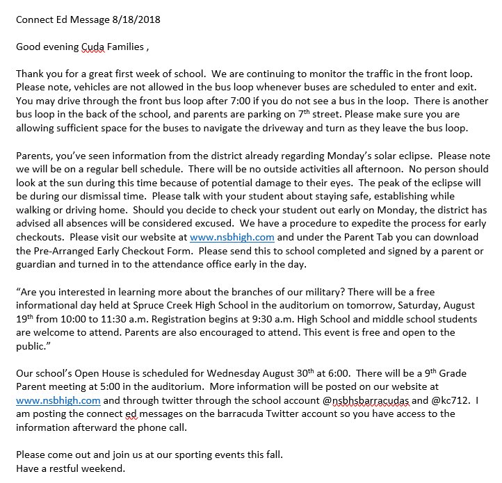 Connect Ed Message 8/18/2017
