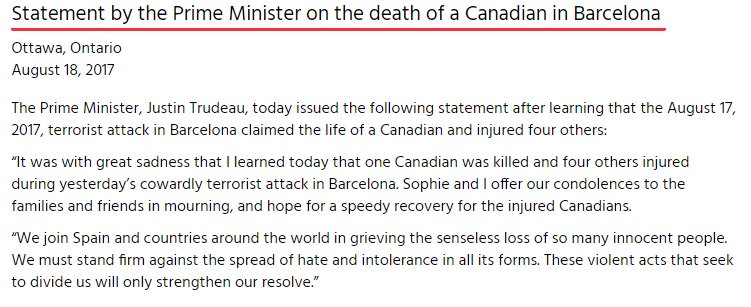 PMO Statement on one Canadian killed, 4 injured in #Barcelona attack. #ottnews https://t.co/gx2SLmCqnn