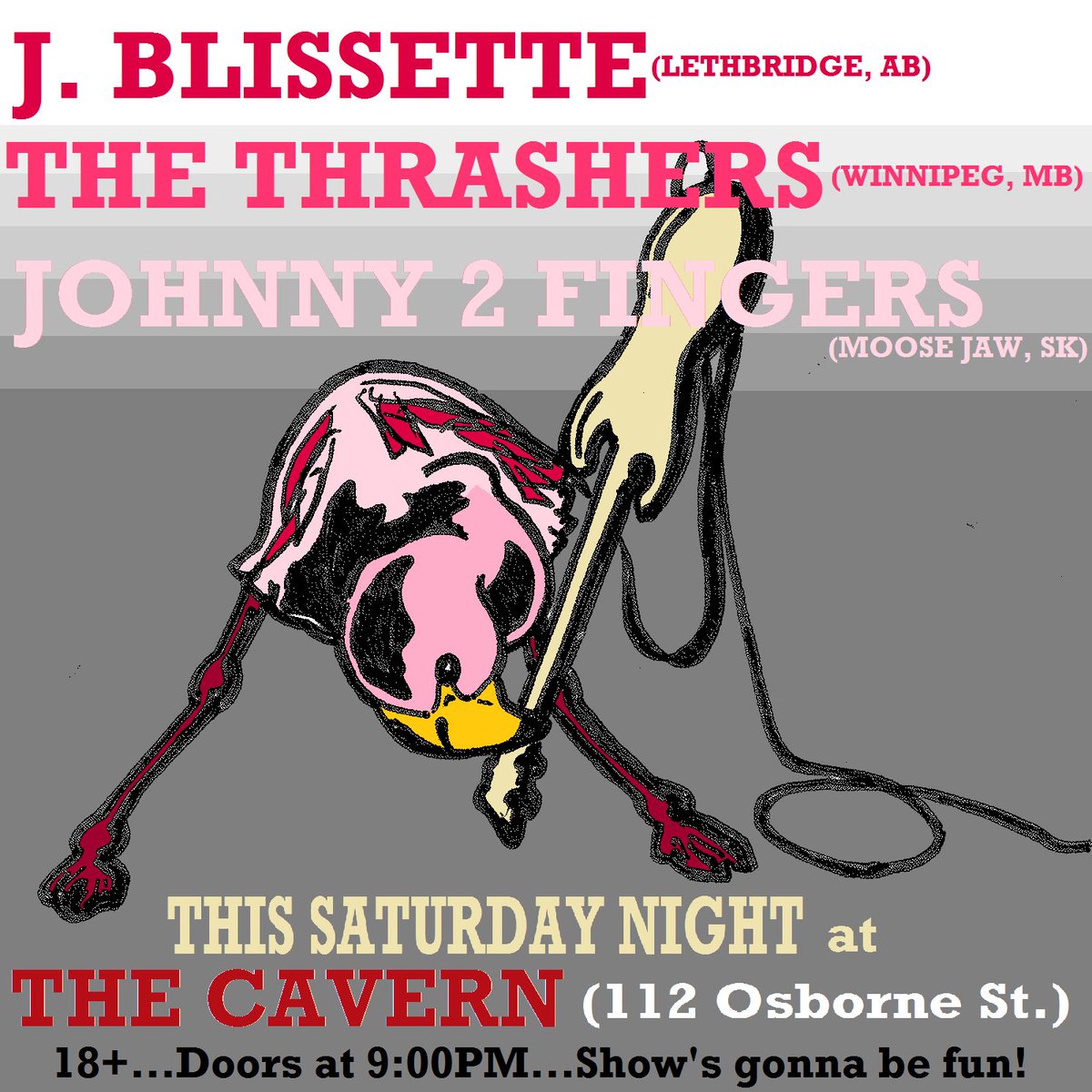 TOMORROW NIGHT AT THE CAVERN! SEE YOUR FLIGHTLESS BIRD-ASSES THERE, BUDDIES! Wait, can flamingos fly?