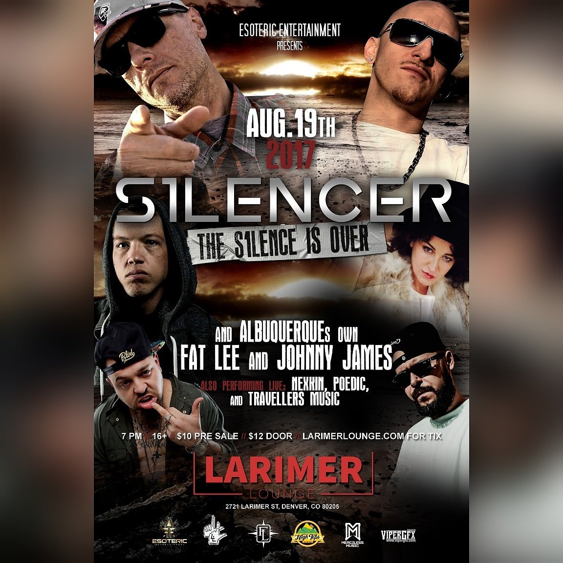 rh1n_the_alarm's tweet photo. #S1LENCER #EsotericEntertainment #August19 #LarimerLounge #FatLee #JohnnyJames #Poedic #Nexkin #TravellersMusic https://t.co/BQMdZnfWwL