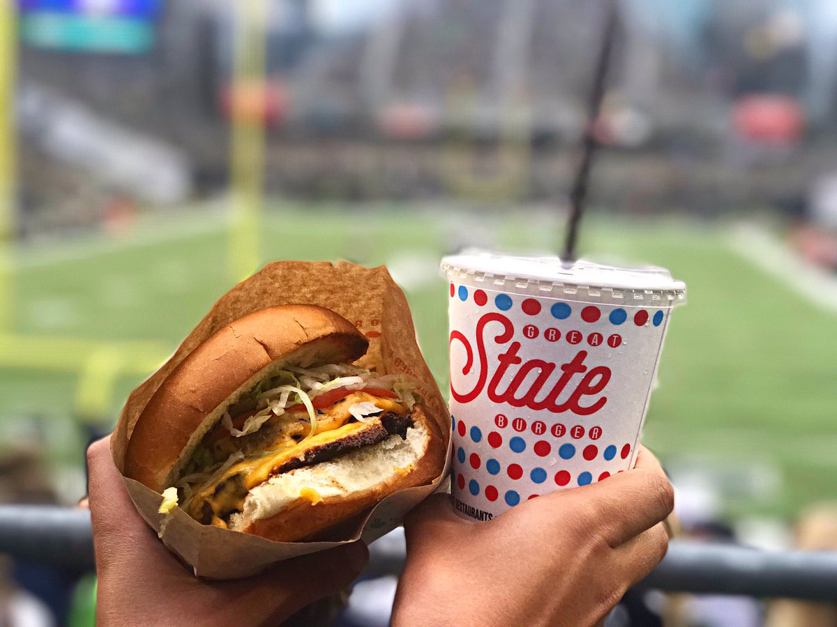 LumenField's tweet photo. Just over here enjoying one of our new stadium eats ๐ Grab a @GreatStateSEA burger or 2 in section 122! #CLFeats #MINvsSEA https://t.co/PBmqcRIqMY