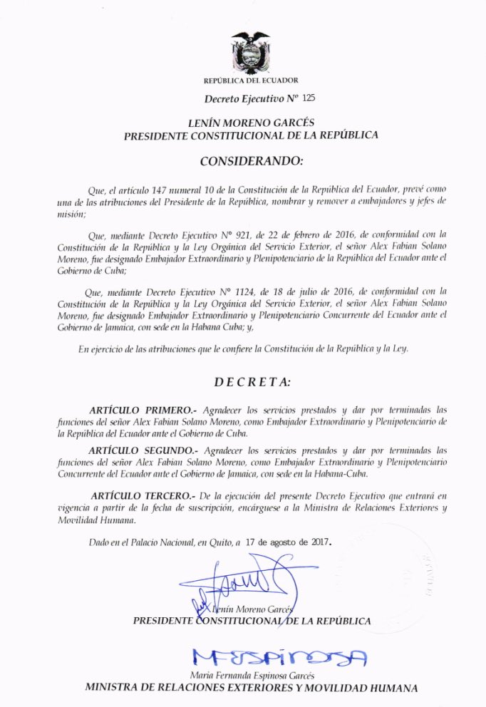 ÚLTIMA HORA | Gobierno de Ecuador da por terminada las funciones de sus embajadores en #Venezuela y #Cuba #18Ago