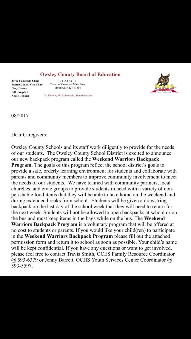 OwsleySchools's tweet photo. Weekend Warriors BackPack Program #alwaysanowl https://t.co/eVVIsuQ11Q