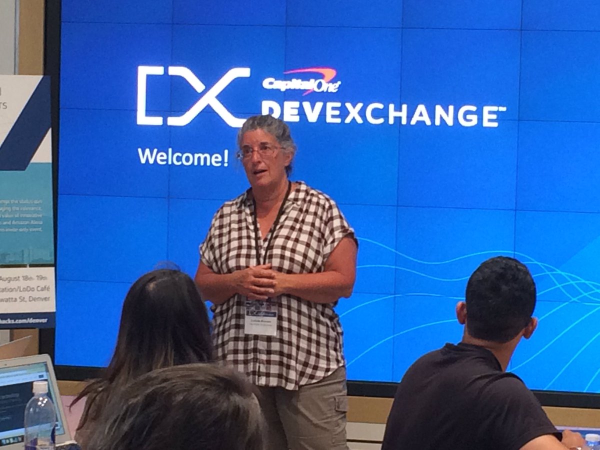 GoModev's tweet photo. The @CapitalOneDevEx #hackathon is off to a rocking start thanks to @lindybrandon #ChangeBanking https://t.co/q0u6jjdHoD