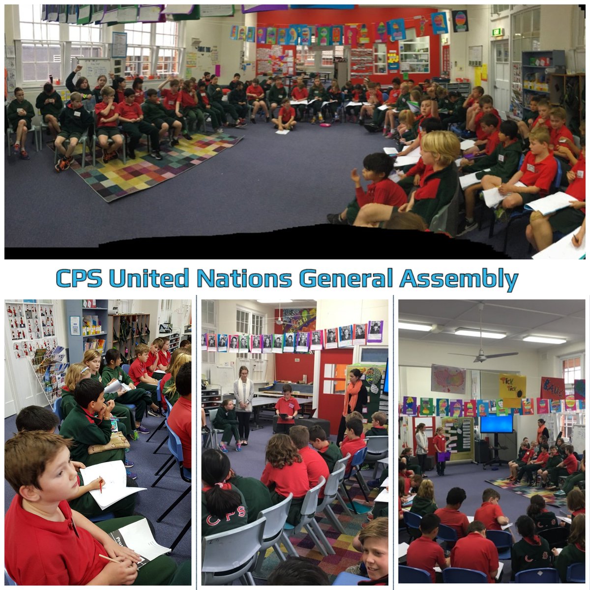 Yr4 students taking part in their CPS UN General Assembly <a href="/UN/">United Nations</a> we had a though provoking discussion about conflict #Education #futureleaders