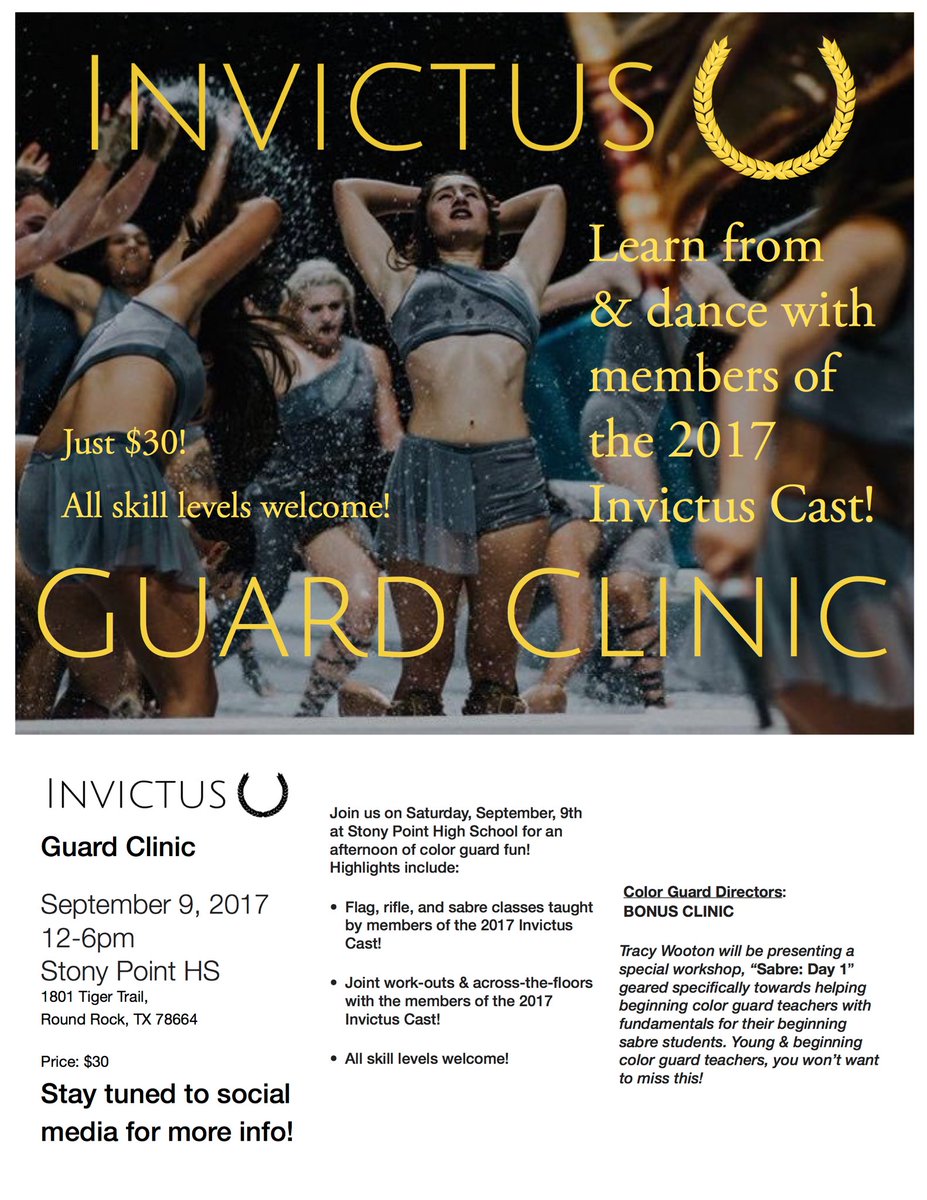invictusguard's tweet photo. Texas!

9/9 Stony Point HS - flag/rifle/sabre - all levels taught by #Invictus17💛 Cast!

Bonus: Tracy Wooton clinic for beginning teachers! https://t.co/gcYpLp34eK