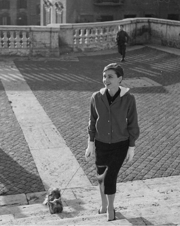 Audrey Hepburn photographed on the Spanish Steps in Rome, 1958