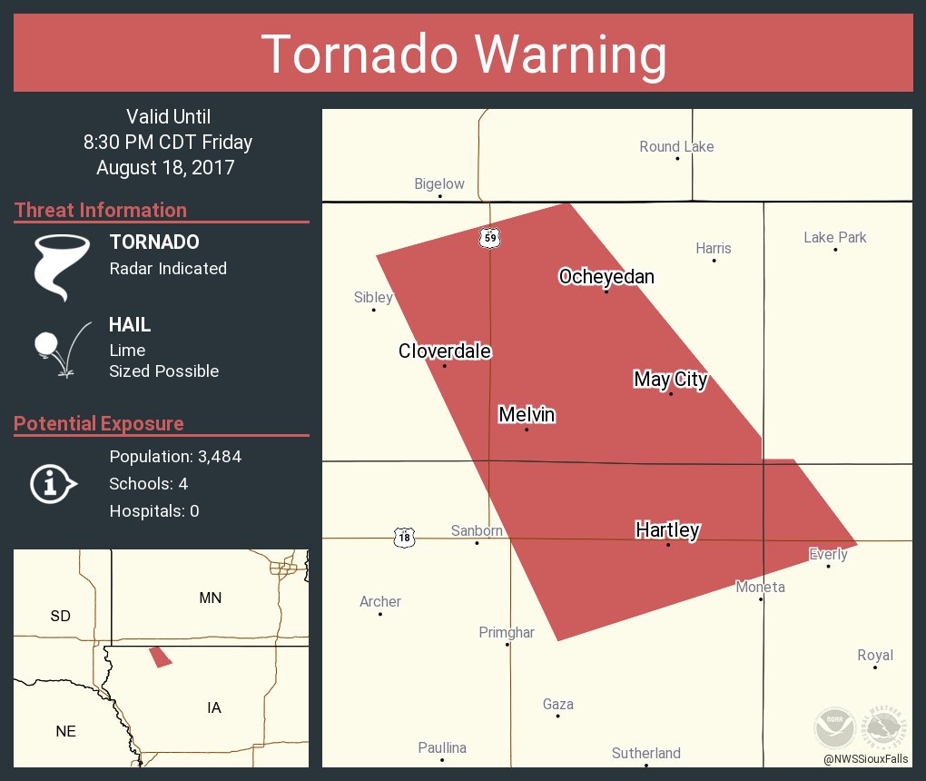 Tornado Warning including Hartley IA, Ocheyedan IA, Melvin IA until 830 PM CDT NWS Tornado