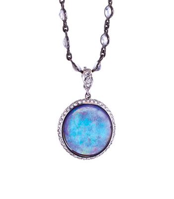 Classic Opal necklace by Katherine Jetter. Lightning Ridge Crystal Opal with diamond pave and moonstone chain. ow.ly/ZgzP30749PJ