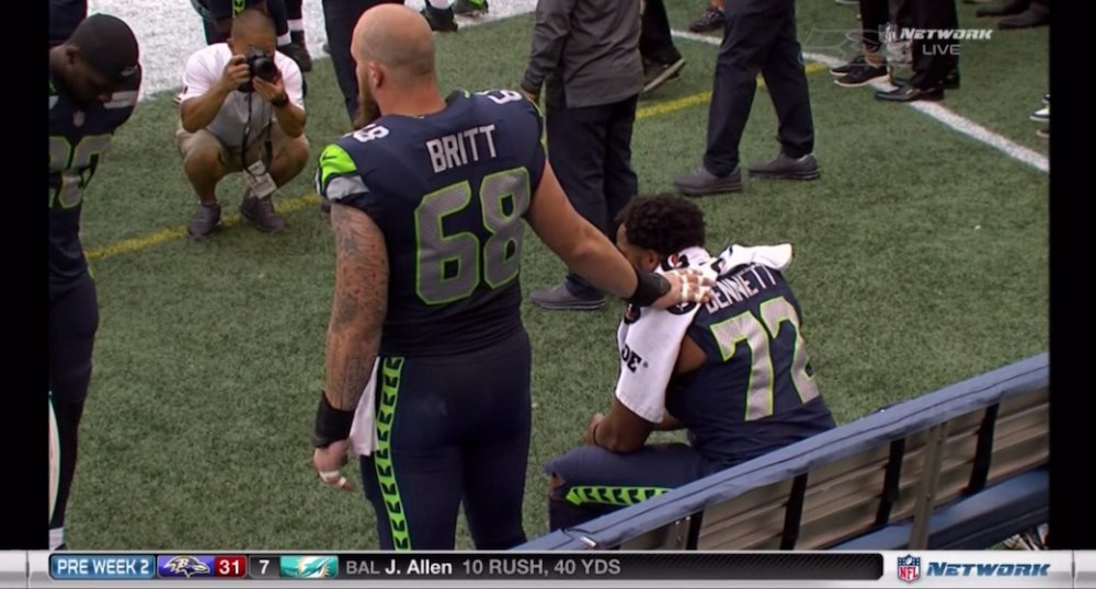 SBNation's tweet image. Michael Bennett continued his protest during the national anthem. 

This time, teammate Justin Britt was by his side.
