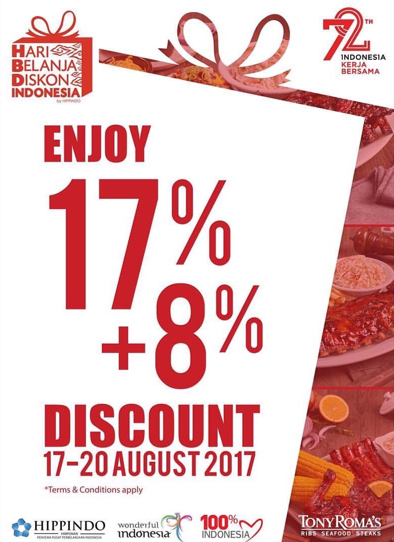 mizz_promo's tweet photo. In celebration of Indonesia's Independence Day, enjoy 17%+ 8%* discount at Tony Roma's!! ๐ฒ๐จ
#MizzPromo #TonyRomas https://t.co/UVNSrJiA18