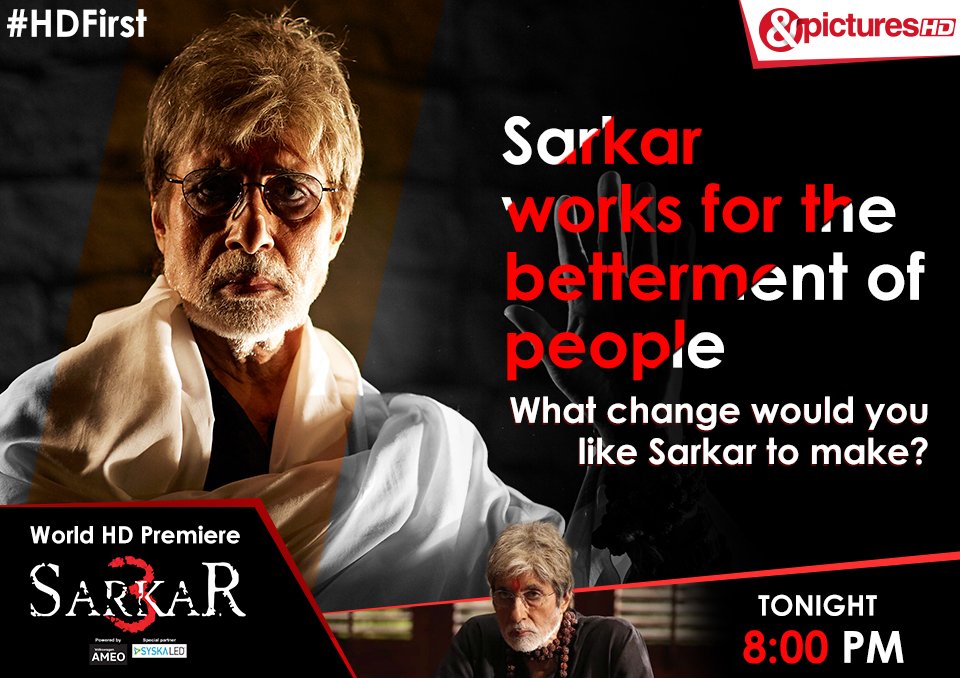 AndPicturesIN's tweet photo. Sarkar played by @SrBachchan works for the upliftment of people. What changes would you like him to do? #Sarkar3OnANDPicturesHD #HDFirst https://t.co/MHQBeyNA8P