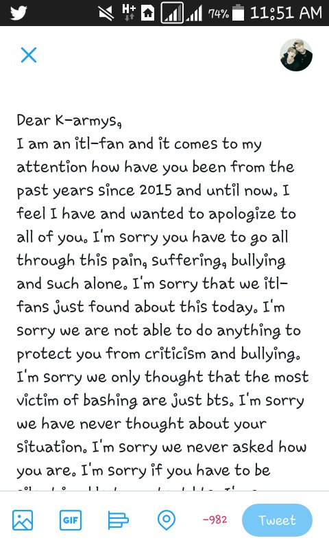 adorkableBTS's tweet photo. Wanted to apologize to K-armys bcs we r not able to be w/ em through this&amp; thank em for being strong. This letter is for u #Please_Apologize https://t.co/ihGmqQguK1