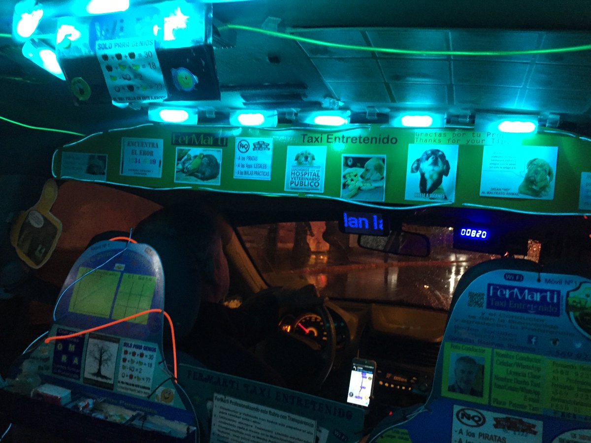 Sarah Gordon (@saritajg) on Twitter photo This may be the coolest taxi in Santiago <a href="/FermartiTaxi/">fermartitaxi</a> - lights, gifts, phone charger - he has it all! This may be the coolest taxi in Santiago <a href="/FermartiTaxi/">fermartitaxi</a> - lights, gifts, phone charger - he has it all!