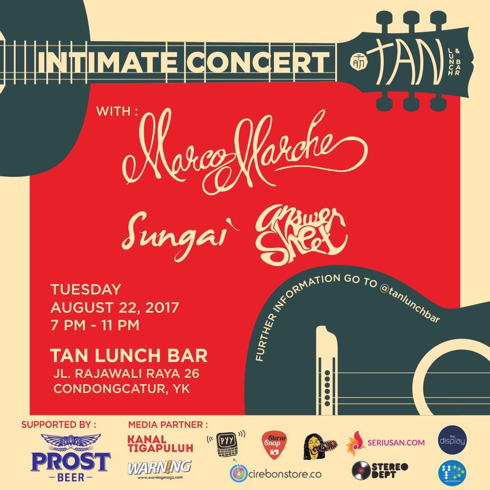 dont forget!!
Intimate Concert with: <a href="/MarcoMarche_/">MarcoMarche</a> 
@SungaiYk 
<a href="/answer_sheet/">“Menuju 25” sudah rilis di Spotify!</a> 

22 agustus 2017 
start: 19.00 
<a href="/TanLunchBar/">TanLunchBar</a> 
<a href="/YogyakartaCity/">YOGYAKARTA CITY</a>