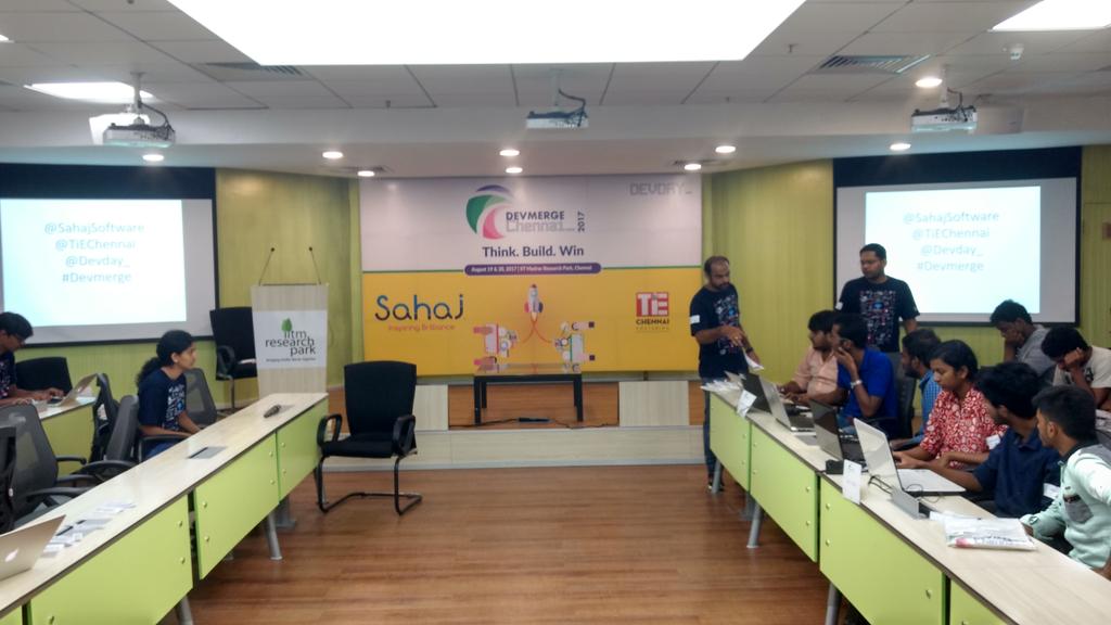TiEChennai's tweet image. TiE Chennai and @SahajSoftware present @devday_. Day 1 from IITMRP. #hackathon #Devmerge  #Entrepreneurship