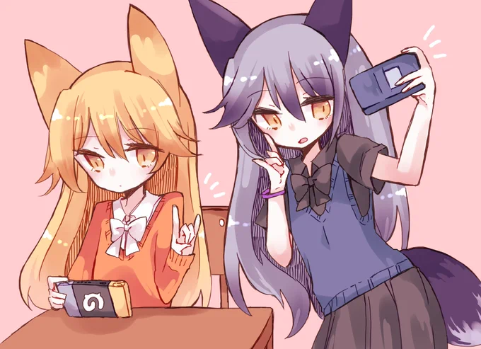 女子高生ギンキタらくがき。ゲームしながらもポーズは取ってくれるキタキツネちゃん。