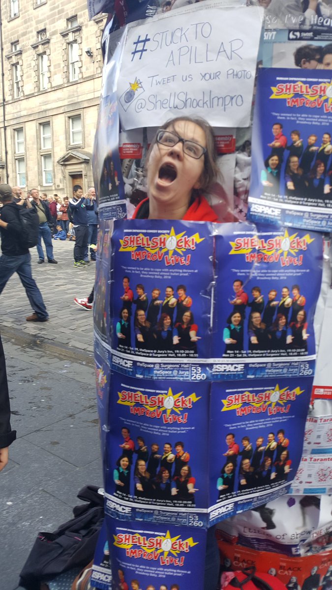 MelindaDixon13's tweet photo. She's stuck to a pillar..obviously @ShellShockImpro @edfringe #saturdayactivity #strangehobbies https://t.co/J0lyup7CTV