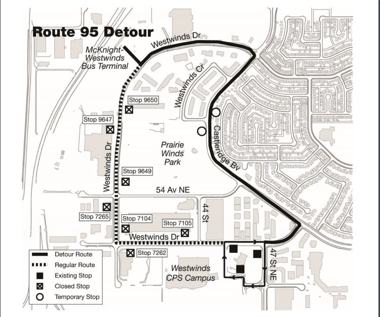 calgarytransit's tweet image. #CTRiders #Route95 DETOUR Aug 16-22. A section of Westwinds Dr NE closed for the Country Thunder Calgary 2017 Event. ow.ly/rRYn30ewMfR